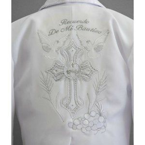 Boy Baptism Tuxedo Suit Embroidered Cross - Traje Bordado Bautizo Cruz Palomas